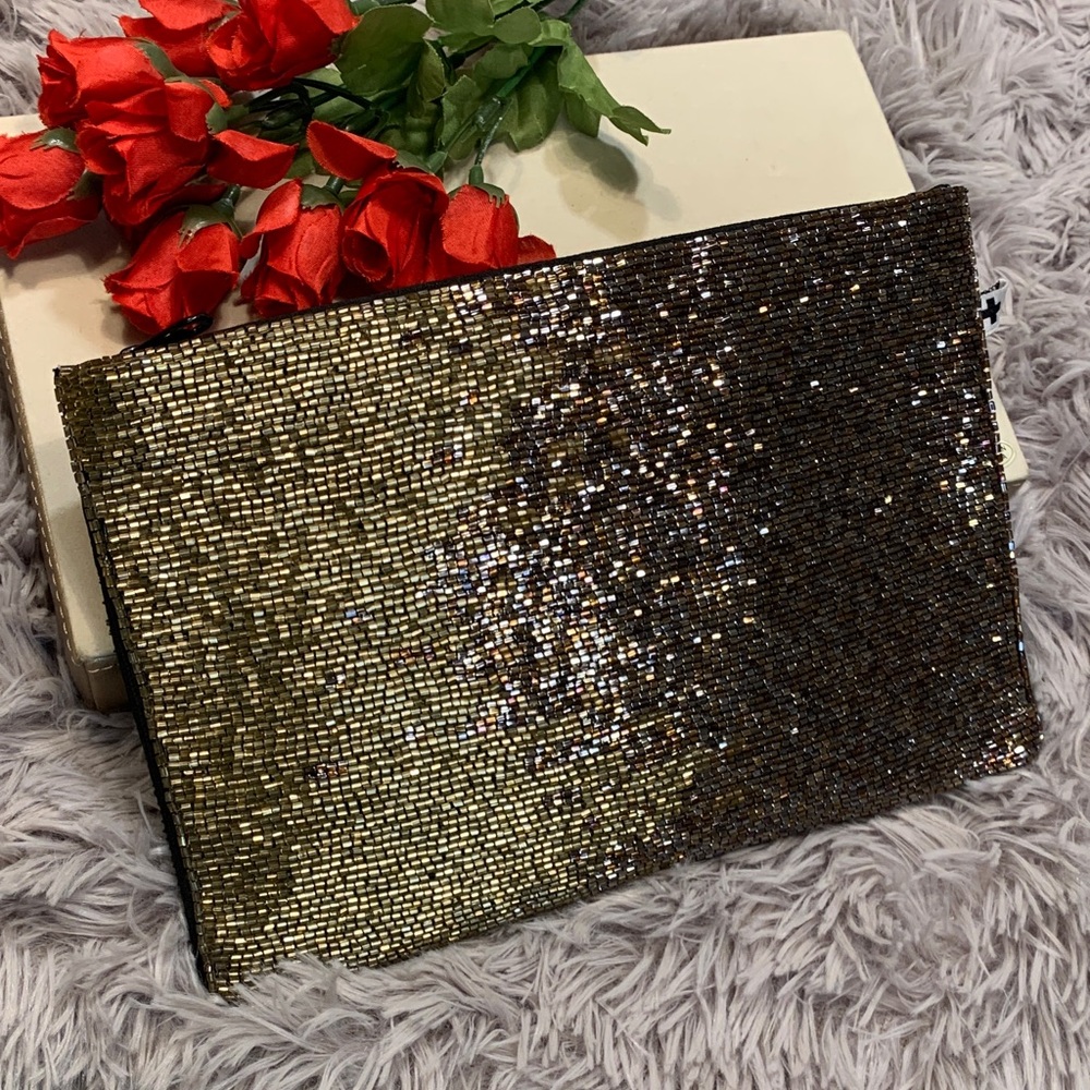 🌹Ink + Alloy • Hand - Beaded Sequined Clutch Bag - Gold/Black • EUC